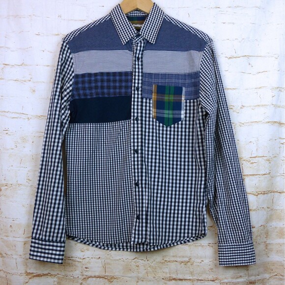 Desigual Shirt Mens M Patchwork Plaid Gingham Mixed Print Button Retro Preppy - Picture 2 of 15